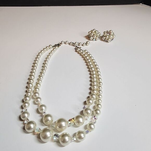 Vintage Double Strand Pearl (faux) Necklace With Matching Clip On Earrings - Picture 1 of 8